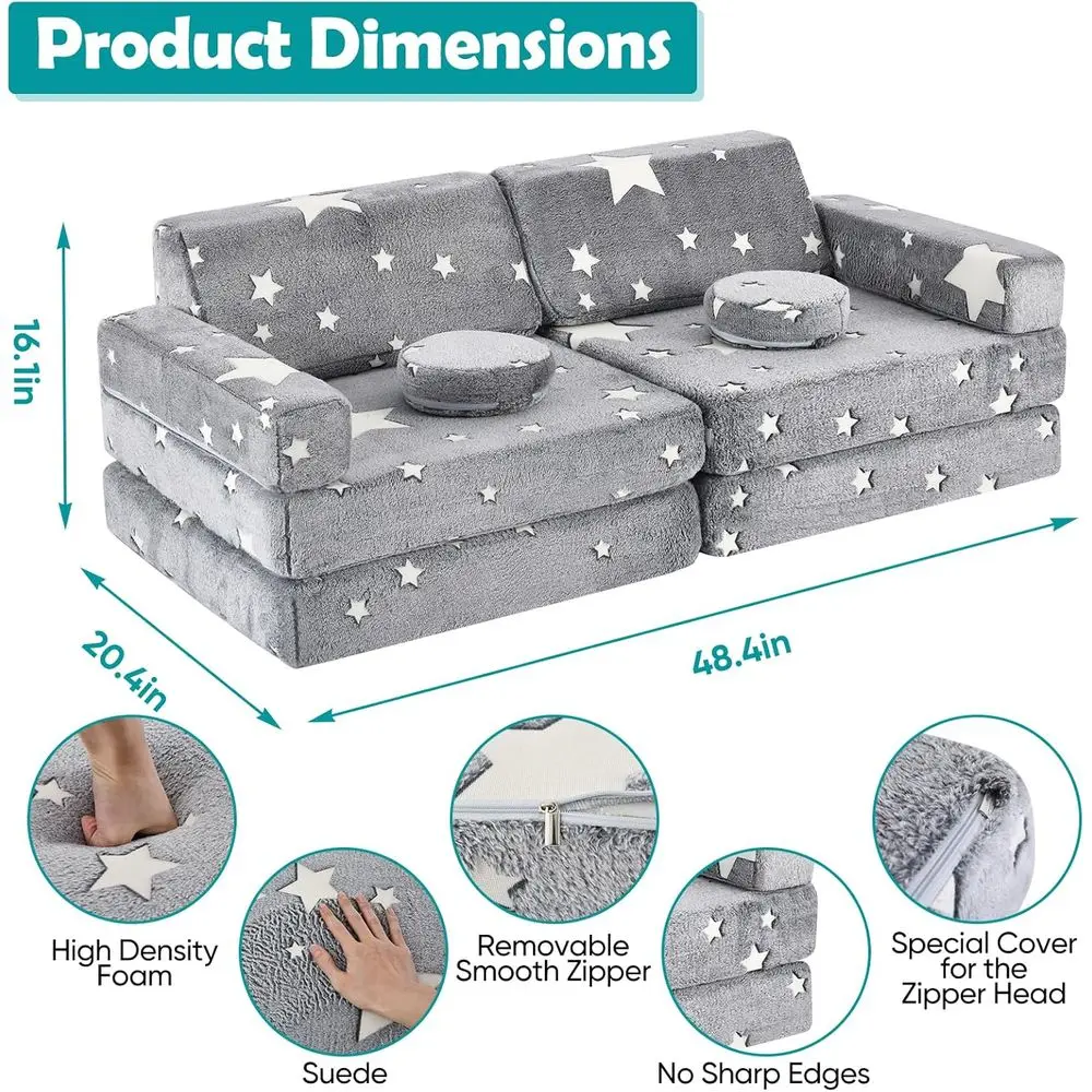 10-częściowy zestaw sof dla dzieci, kanapy w rozmiarze dla maluchów, konstrukcja modułowa do zabawy i odpoczynku w jaskrawych kolorach