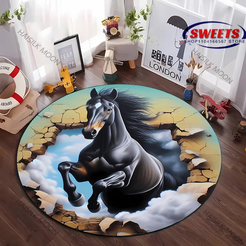 1PC Super Shocking 3D Space Art Horse Printed Round Rug Chair Carpet Children Playing Mat Living Room Bedroom Non-slip Doormat