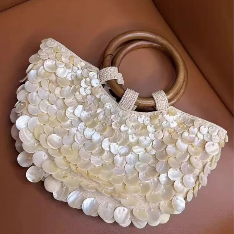 Handmade Heavy Industry Bead Handbag Embroidered Natural Shell Diagonal Totes Half Moon Crossbody Women's Wedding Part Bags New