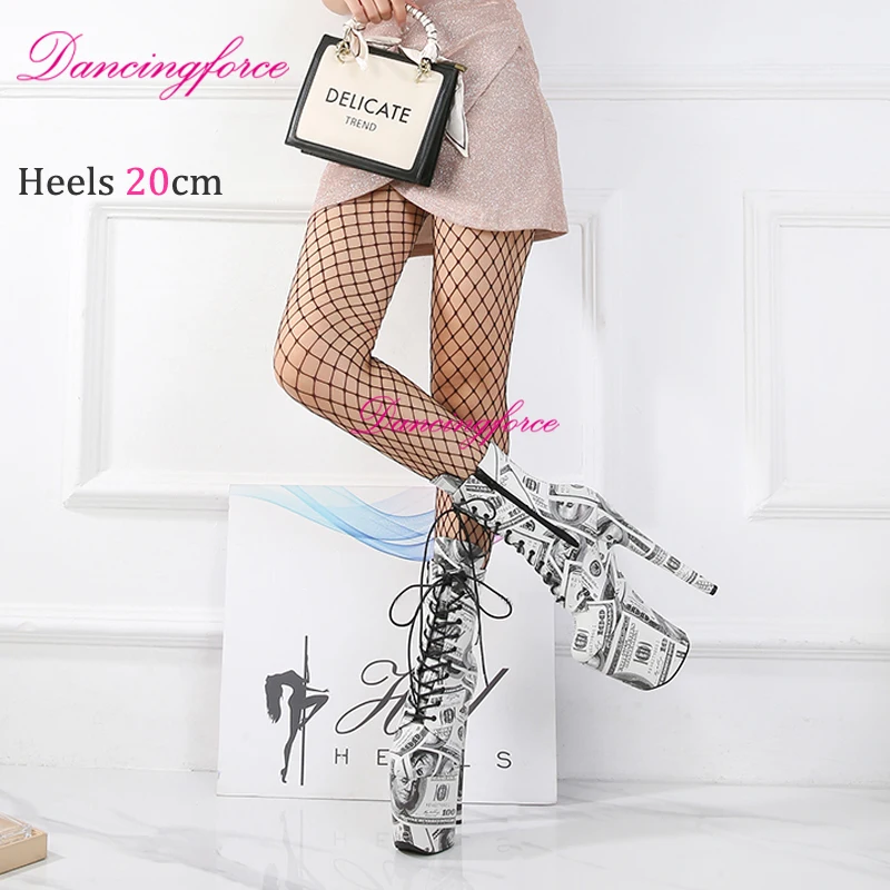 20cm/8Inch Sexy Dollar Print Stripper Platform Pole Dance Ankle Boots Round Toe Short Boots Thin Heels Fetish Shoes Women