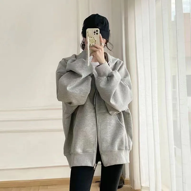 Casual Hooded Sweatshirt Female Thicken Fleece Warm Loose Coats Black Gray Zip-Up Hoodies Women Autumn Winter Oversized