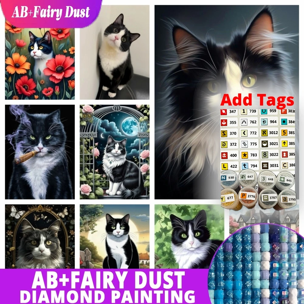 

AB Fairy Dust Black and White Cats Diamond Painting Kit New Cow Cat DIY Portrait Diamond Art Embroidery Mosaic Handicarft Kids G