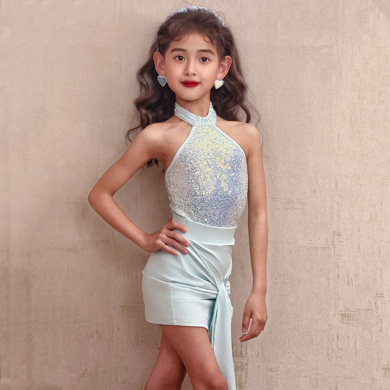 2025 filles vêtements de danse latine rose bleu paillettes hauts jupe été robe sans manches Performance Costume robe de compétition NV23261