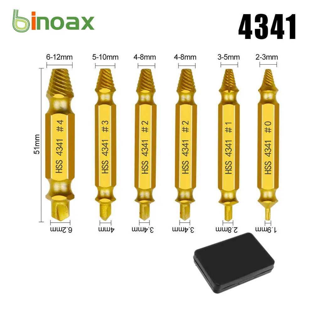 

Binoax 4/5/6Pcs 4341 Titanium Screw Extractor Set Drill Bits Easy Out Guide Broken Damage Screws Bolt Remover