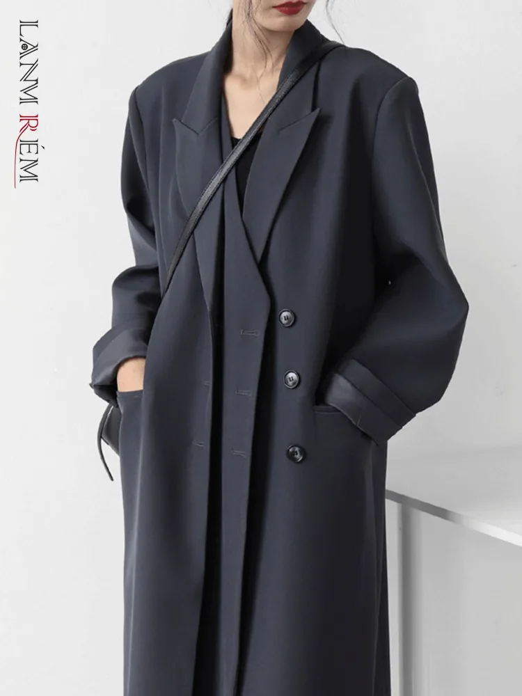 LANMREM Korean Style Long Blazer Women Notched Collar Patchwork Design Solid Color Coat Office Lady 2024 New Clothing 32C846