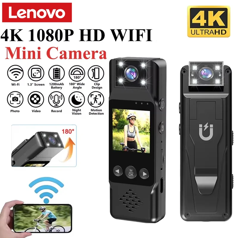 Lenovo-cámara deportiva 4K HD, Mini cámara portátil con Wifi, Clip trasero magnético, grabadora de vídeo Digital, cámara corporal desgastada, visión nocturna DVR