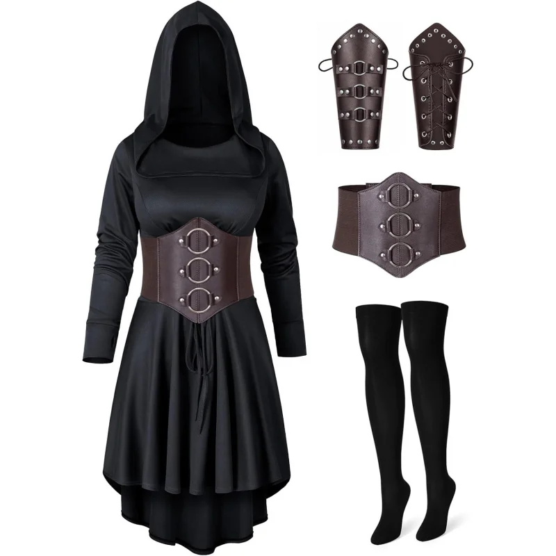 

❤️❤️❤️Irtysh Women Medieval Robe Renaissance Hooded Dress Belt Bracers Stock Set Cosplay Outfit Halloween Costume❤️⭐️❤️
