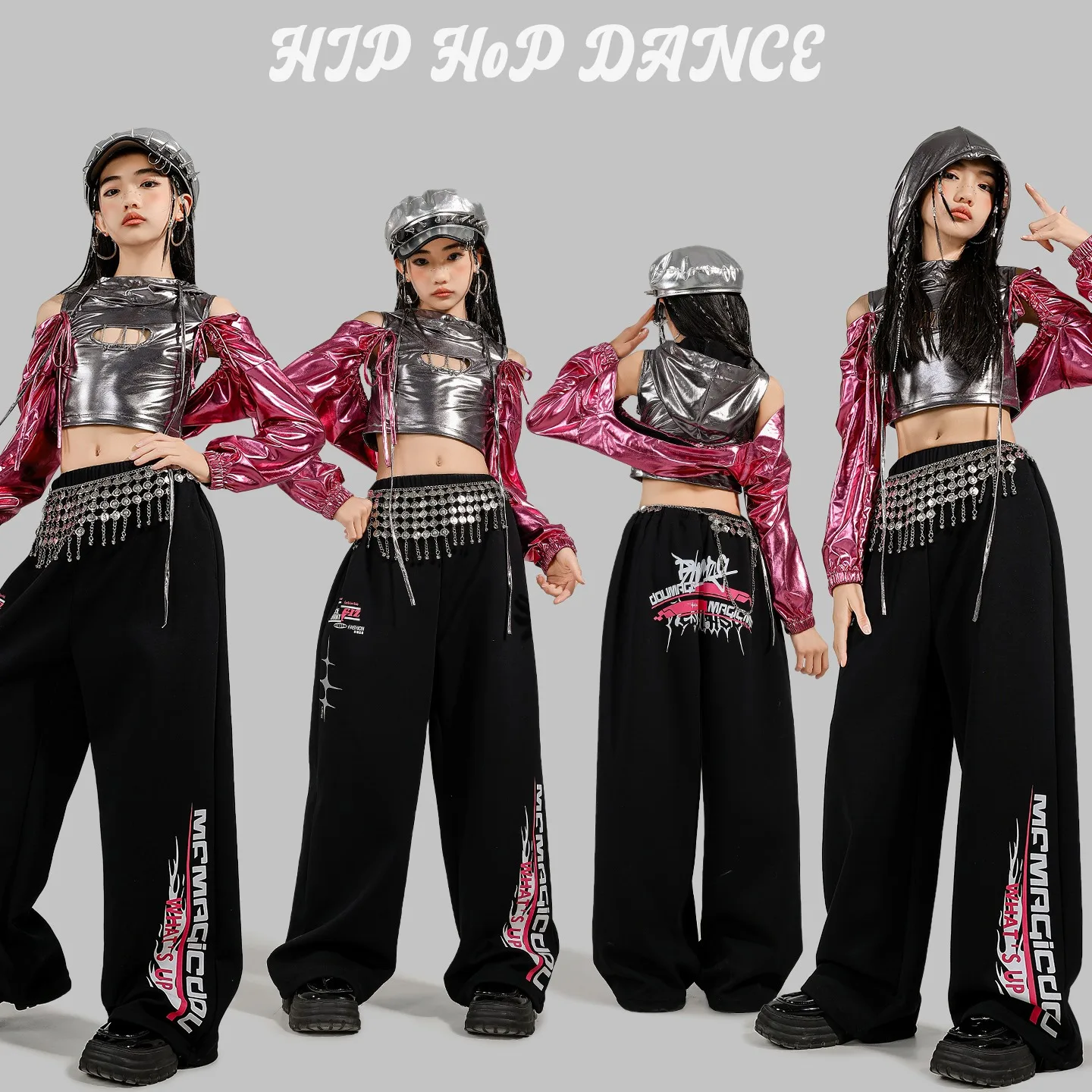 

Girls Hip Hop Dance Costume Jazz Dance Navel Tops Long Sleeves Gossy Hoodies Black Pants Stage Performance Clothing Kpop BL16612