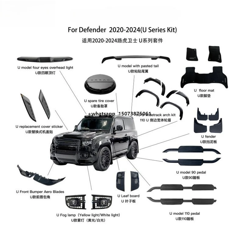 Fit for 2020-2024  Defender 110 90 Ur-Ban Style Glossy Black Body Kit Door Pedal Spare Tire Cover Spoiler Fog Light