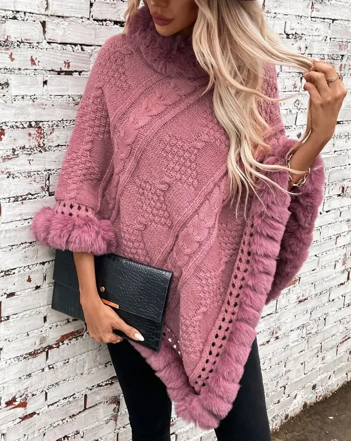 

Women's Elegant Pullover 2025 Autumn Winter Latest Warm Rabbit Like Fur Collar Cloak Coarse Fried Dough Twists Sweater Coat Top