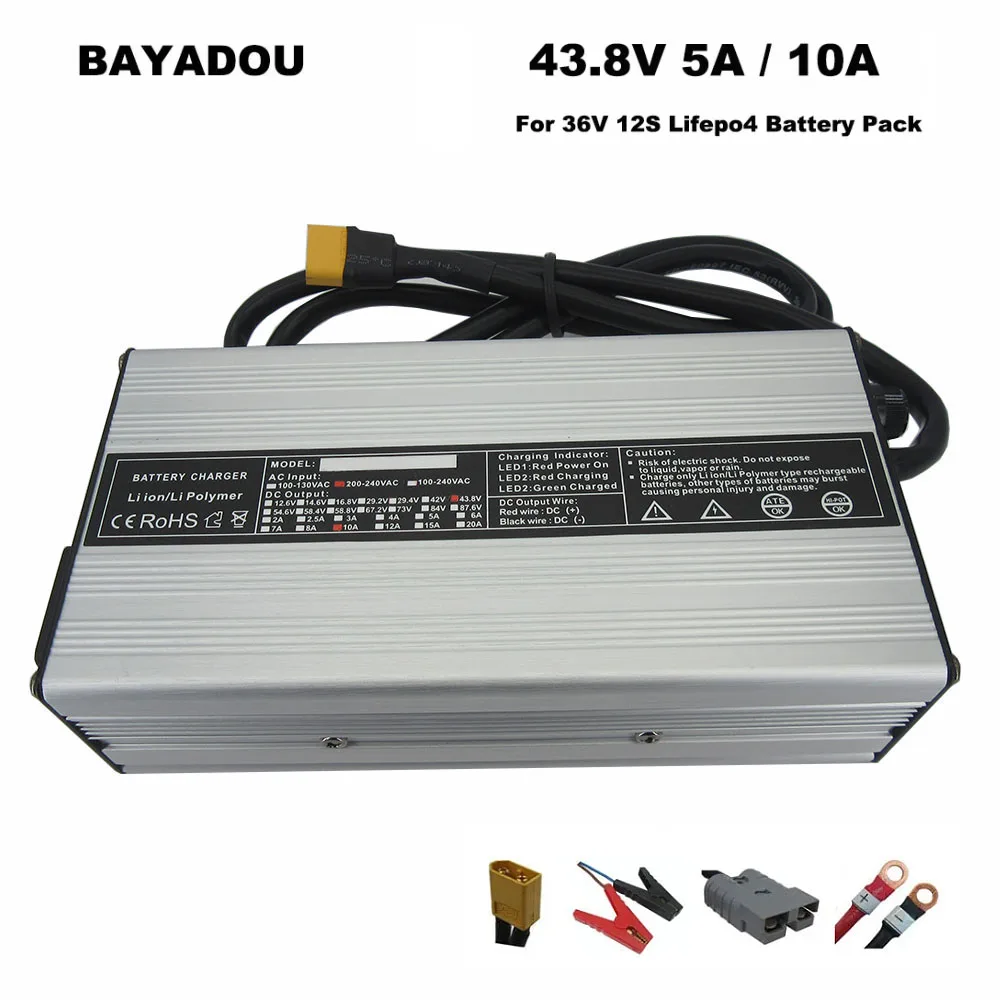 

36V 43.8V 3A 5A 10A LiFePO4 Smart Fast Charger 12S 38.4V LFP Iron Phosphate Energy Storage Battery Chargers with Aluminum shell