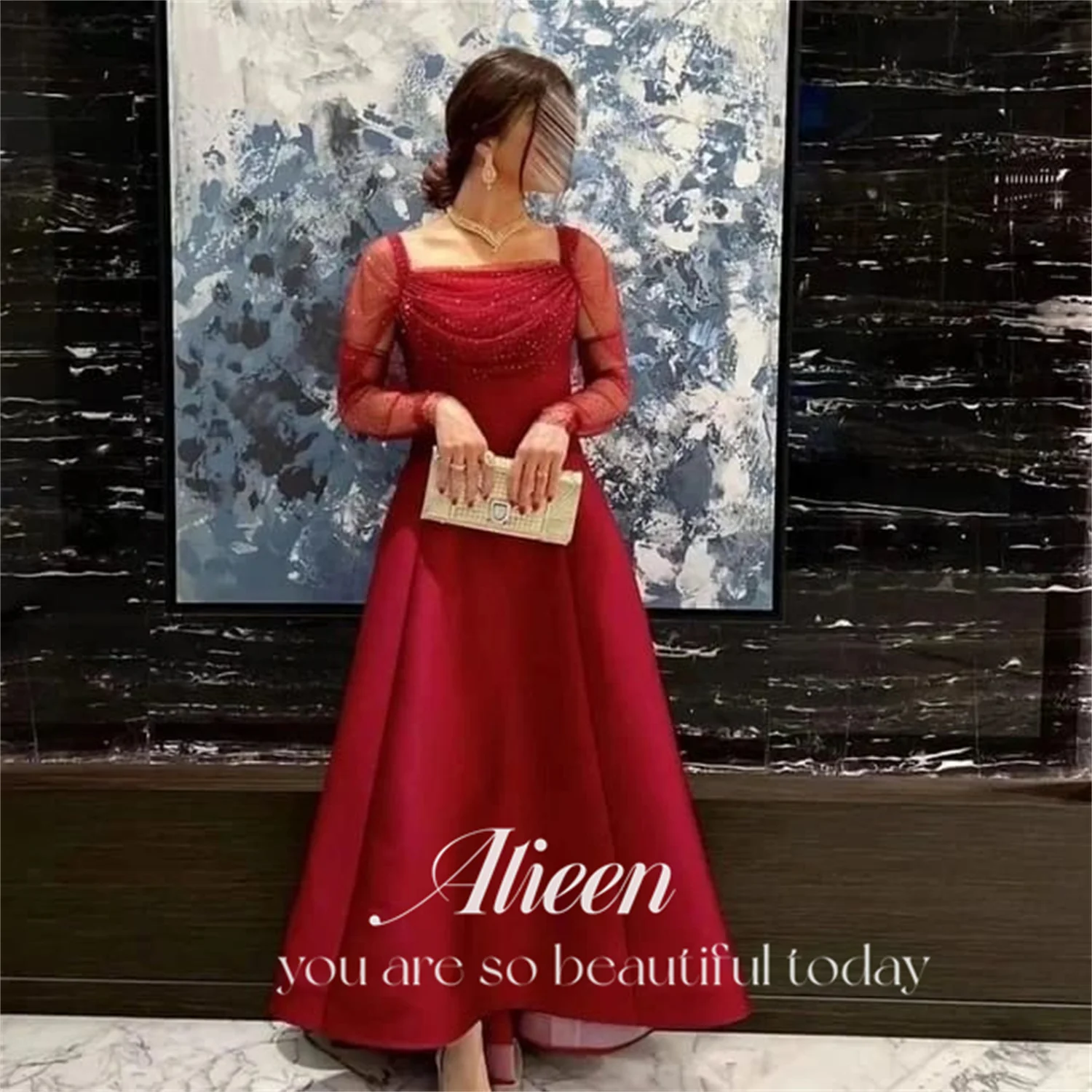 Aileen Red Satin Long Sleeves Square Collar Prom Dresses 2024 Elegant Women\'s Luxury Wedding Party Dress Evening Woman Gala