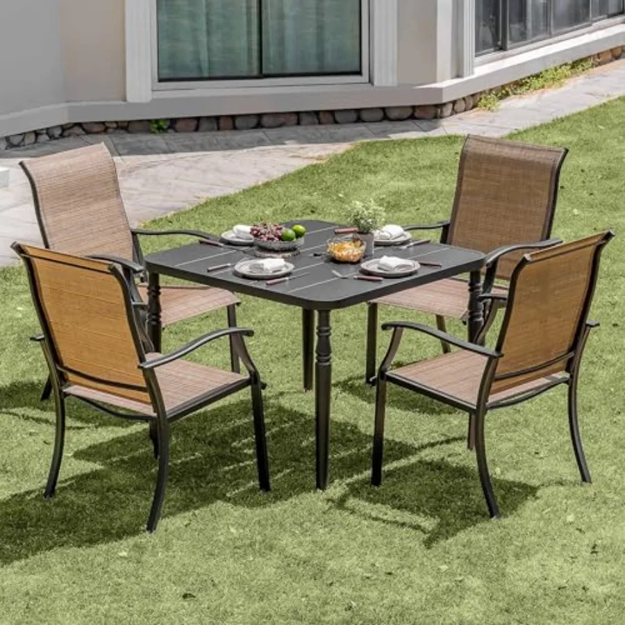 5-Piece Patio Dining Set with Umbrella Hole Slatted Square Table and 4 Ergonomic Textilene Chairs All-Weather Furniture for Gar