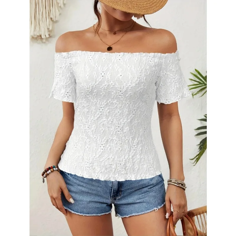 

Plus Size Lace Tops for Womens Off Shoulder Streetwear Tops Sexy Sheer Mesh Puff Short Sleeve Summer Lady Crop Floral Corset Top