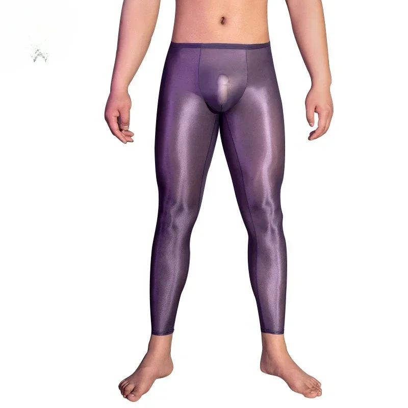 ملابس داخلية مثيرة للرجال لامعة بالزيت سراويل طويلة جونز ملابس داخلية مثيرة للرجال ملابس نوم للرجال ملابس داخلية شفافة من خلال شبكة المنزل #6