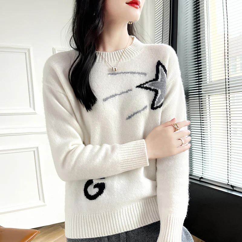 Cashmere Sweater Women\'s 2024 Autumn/Winter New Knit Round Neck Pullover 100% Wool Loose Korean Fashion Luxury Female Clothing