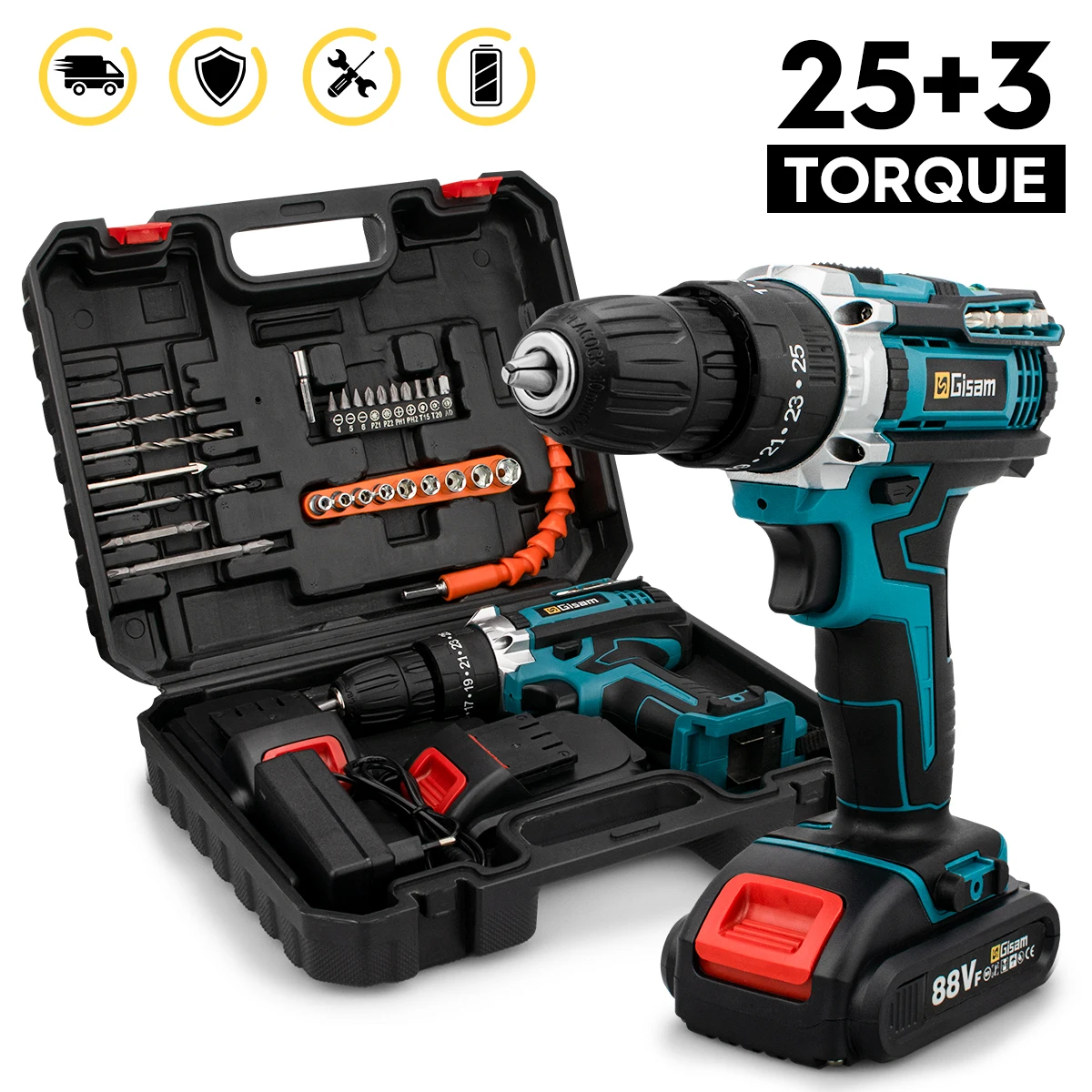 

25+3 Torque Impact Drill Electric Screwdriver Cordless Electric Hammer Drill Driver 2 Gear Speed Lithium-Ion Battery Power Tools