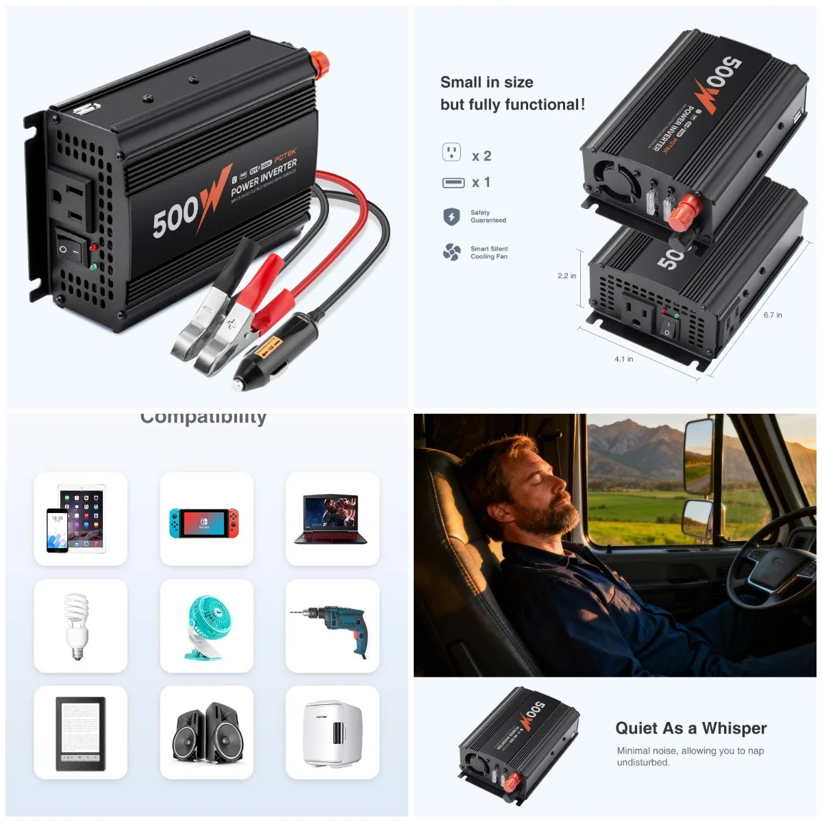 

500w Power Inverter DC 12V to AC 120V Car Power Converter with 5V/2A USB Charging Output