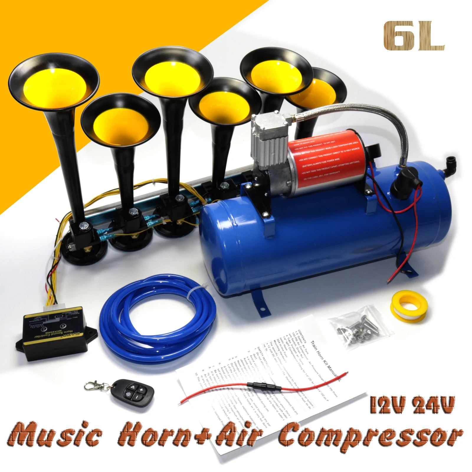 Truck music horn whistle 12V 24V 6L air compressor combination set Car modification parts Car decoration music horn Full set