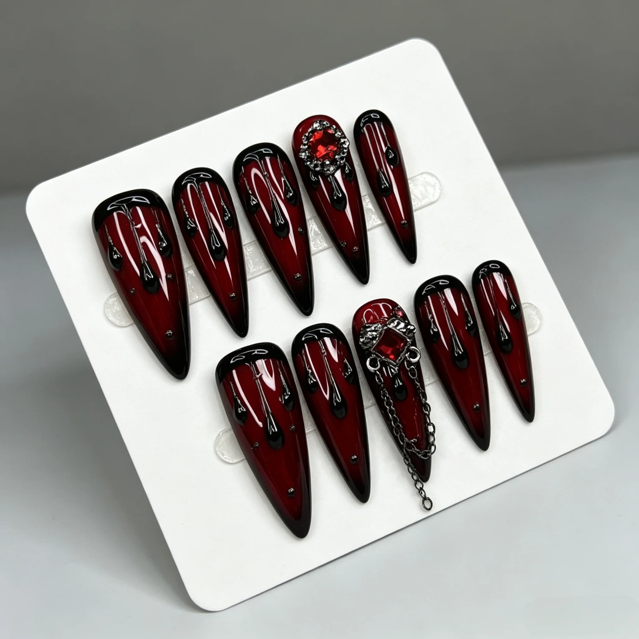 10pcs Halloween Gothic Blood Drip Handmade Press on Nails Long Point Fake Nail Red‑Black Vampire 3D Rhinestone Chain False Nail