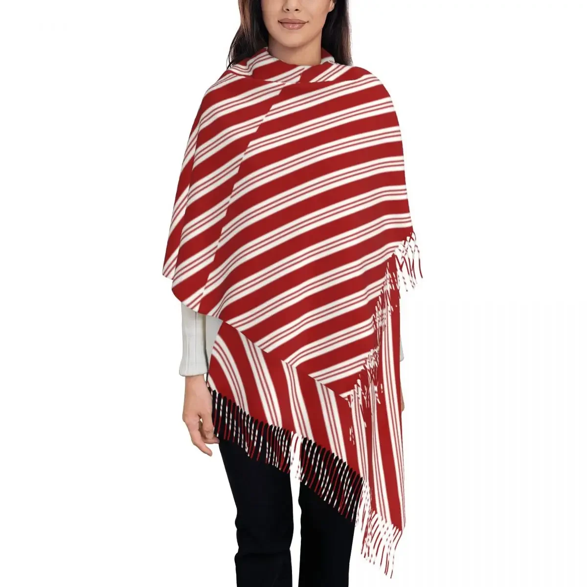 Red Line Scarf with Tassel Christmas Candy Cane Stripes Warm Shawls Wrpas Women New Design Head Scarves Winter y2k Funny Foulard