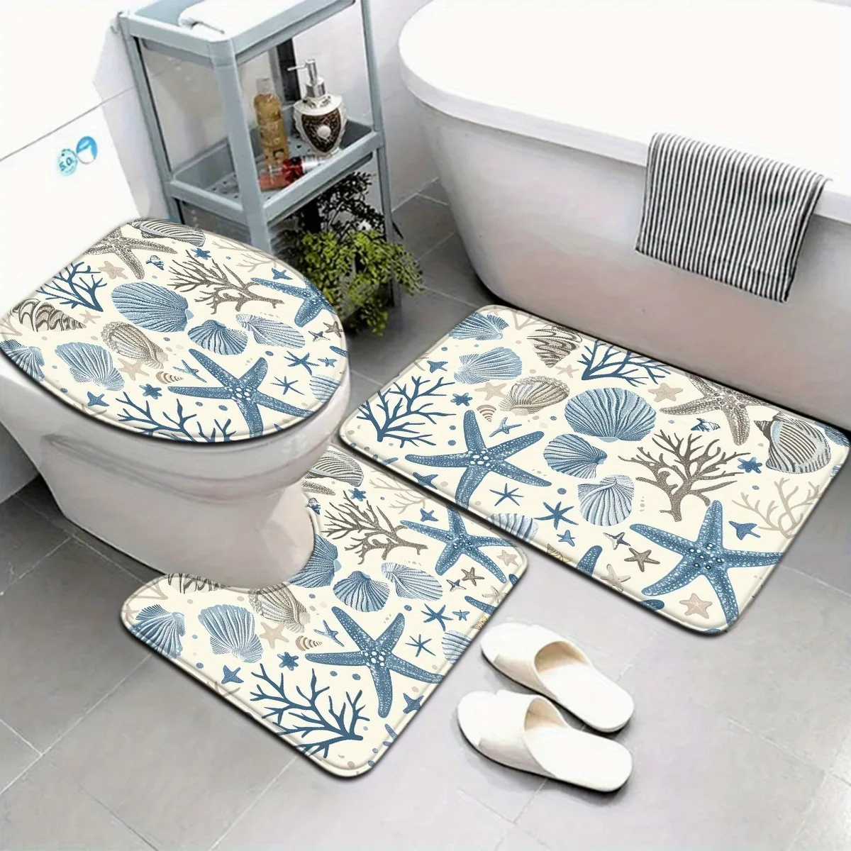 

3-piece Starfish Beach Series Blue Starfish and Shell Pattern Bath Mat Set with U-Shaped Toilet Seat for Bathroom