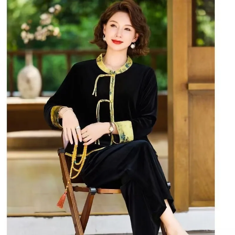 Middle-aged Elderly Mother's Golden Velvet Sets New Spring Autumn Long Sleeve Cardigan Jacket + Long Pants 2PCS Women Outfits