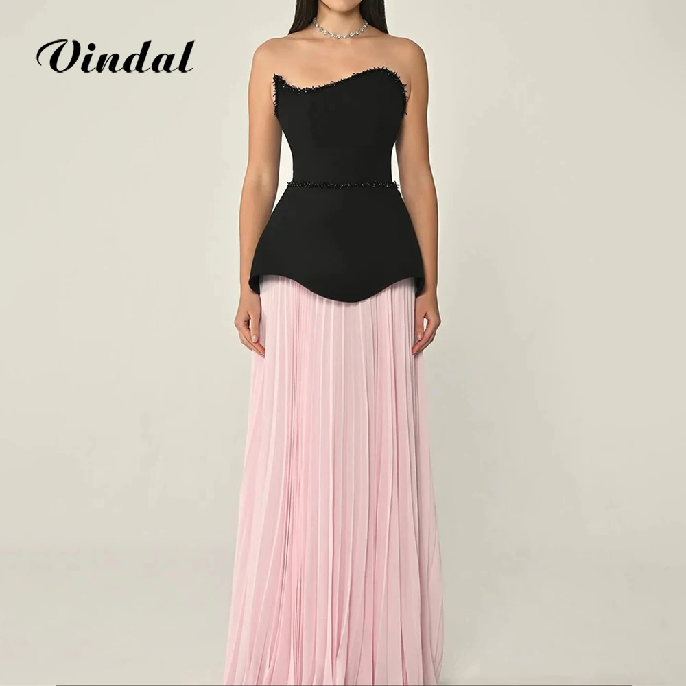 

Vindal Elegant Contrast Color Strapless A-Line Prom Dresses Sleeveless Beading Ruched Chiffon Wedding Party Dresses Customized