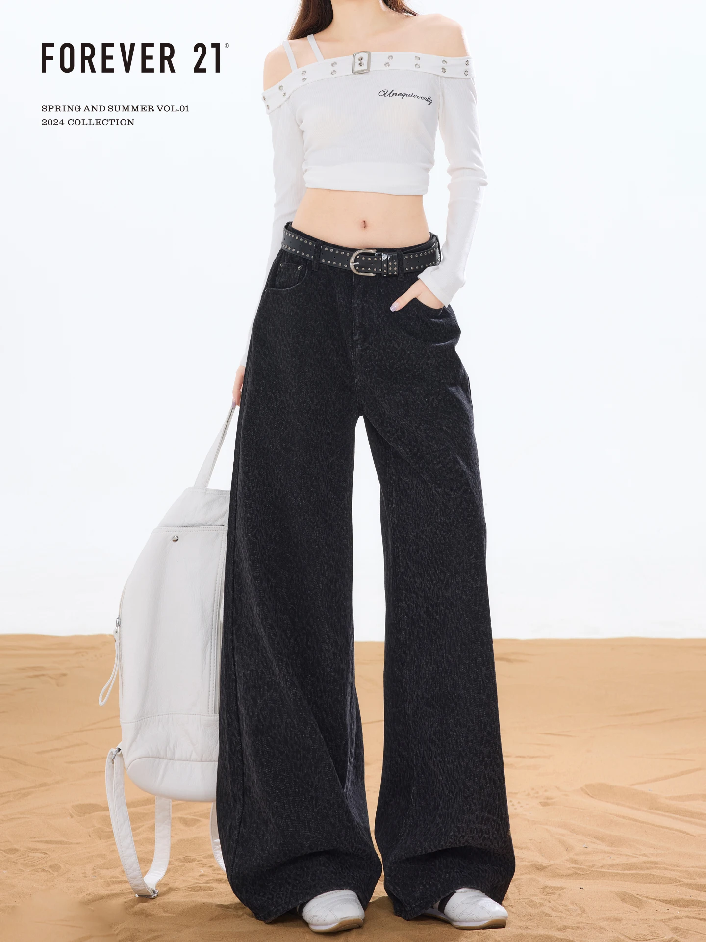 High Waist Wide Leg Loose Women's Jeans Forever 21 Retro Black Grey Straight Cut Trousers Pear Shape Drapey Style Premium Denim