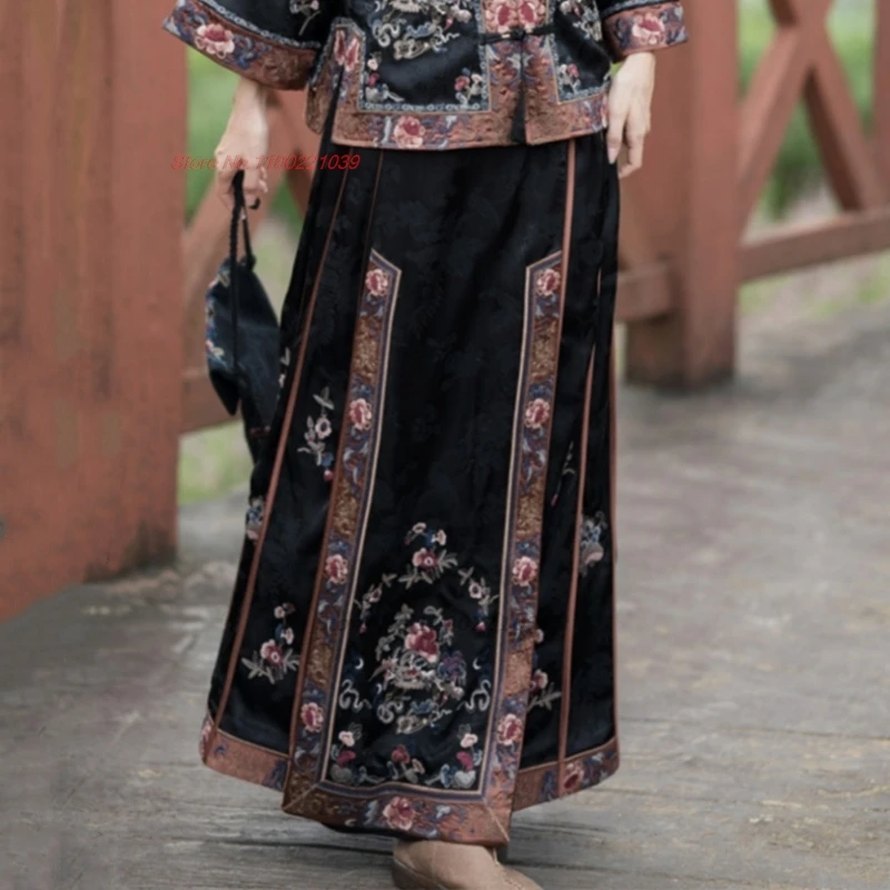 2025 traditional chinese vintage skirt national flower embroidered satin jacquard folk skirt oriental a-line horse-face skirt