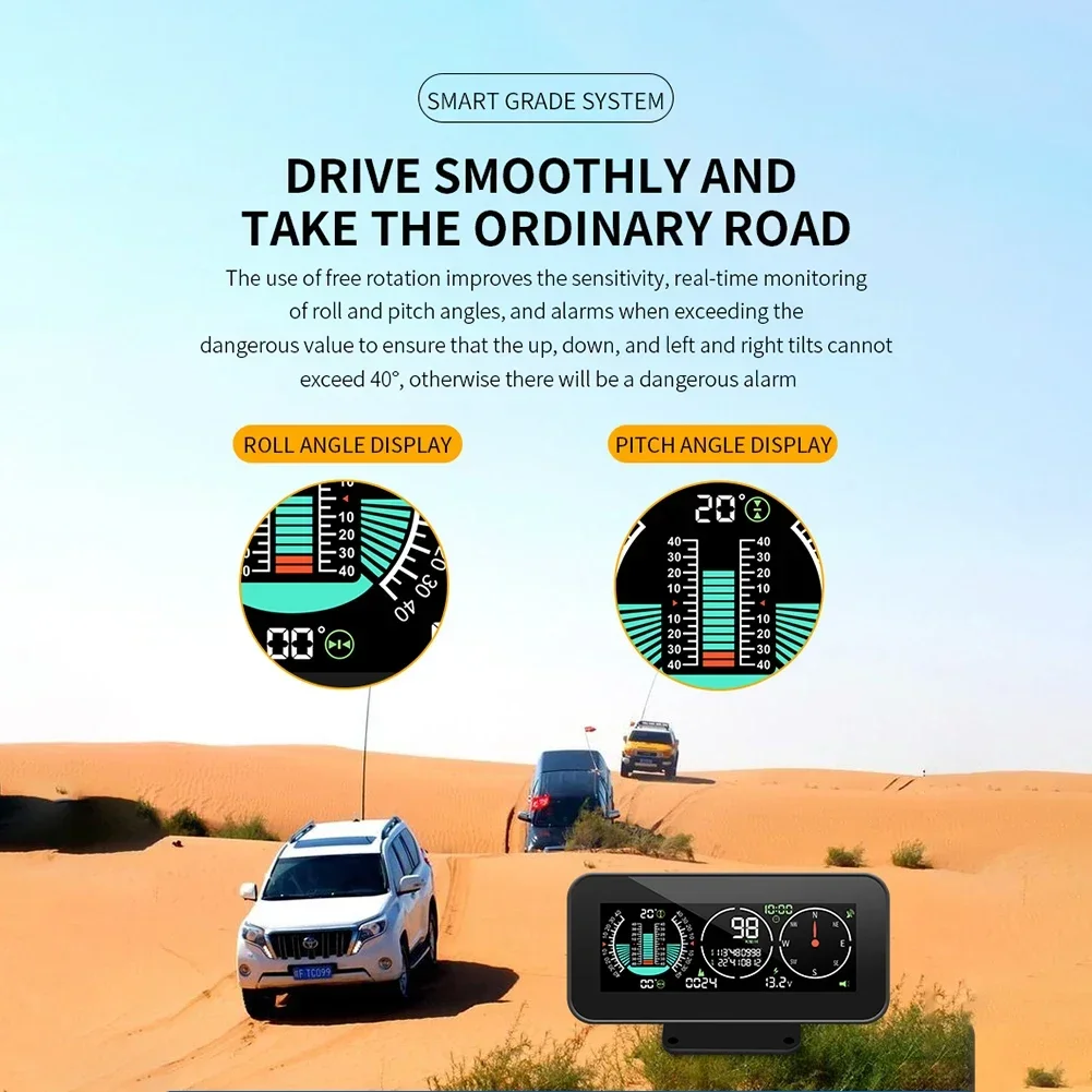 GPS OBD2 HUD Slope Meter Clinometer Car Compass Speedometer PMH KMH Pitch Tilt Angle Protractor Clock Latitude Longitude