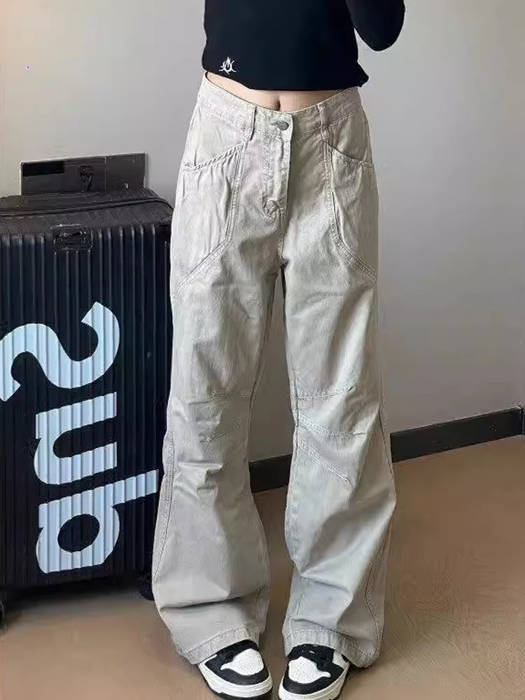 

Khaki American Retro Work Pants Loose Straight Folded Design Sensation Paratrooper Pants Slimming Flared Trousers ex