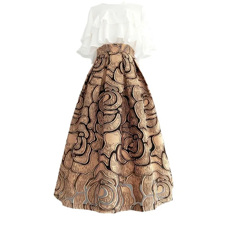 Jacquard midi skirt high-end 2025 spring/summer new  high waist slimming cut flower fluffy umbrella  A-line skirt