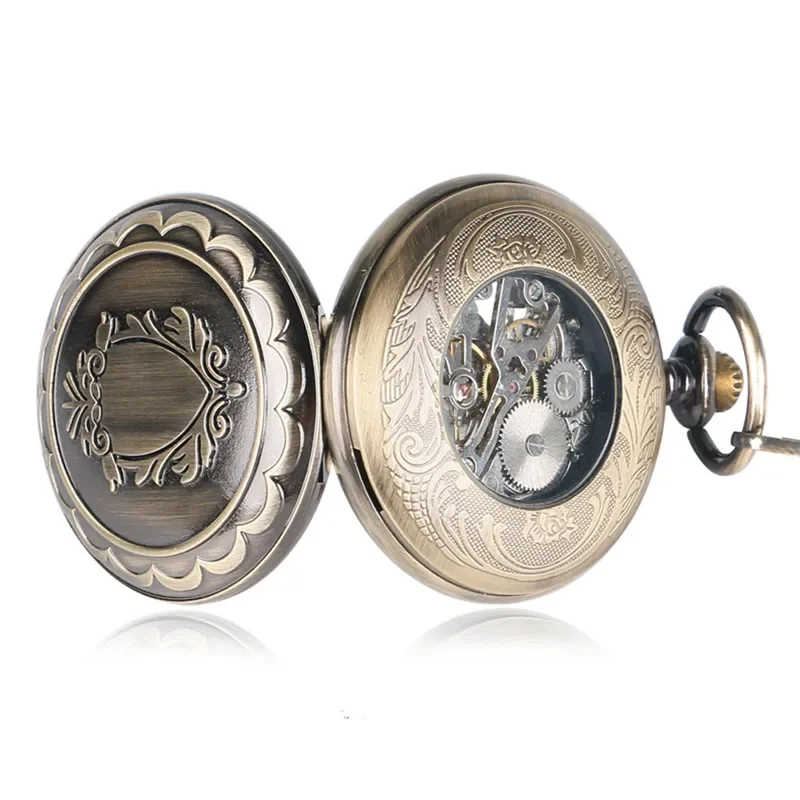 Vintage Carved Shield Case Hand-winding Mechanical Skeleton Pocket Watch for Men Women FOB Chain Collectable Timepiece