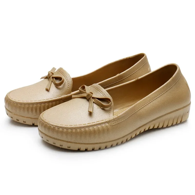 Sapatos Femininas Women Cute Round Toe Bow Tie Waterproof High Quality Rubber Flat Shoes Lady Casual Comfort Spring Loafers A254