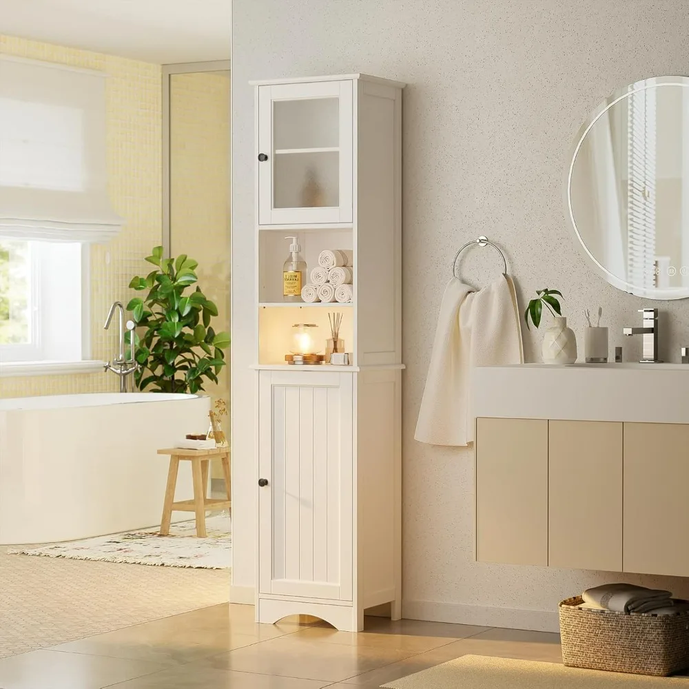 

67.1" Tall Bathroom Storage Cabinet with Adjustable Shelves,Narrow Tall Linen Tower with Open Shelves,Two-Way Doors Freestanding