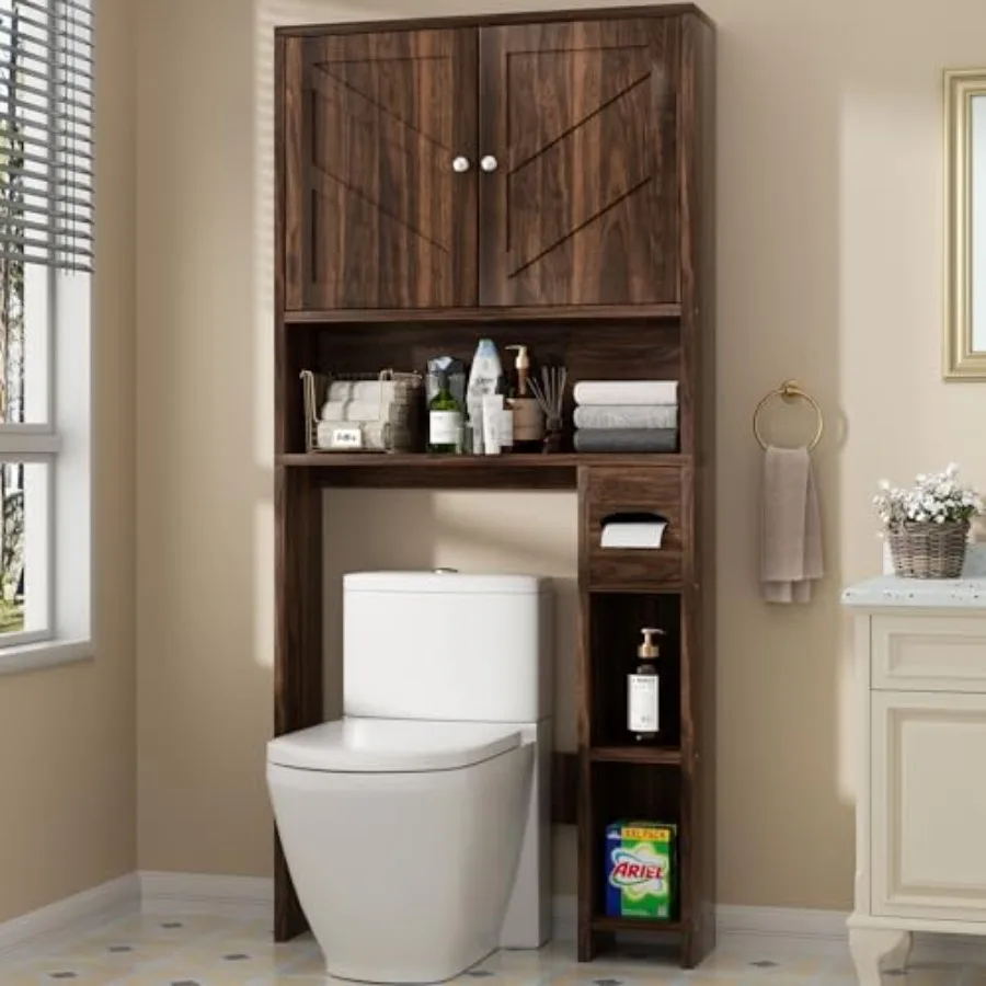 

Шкаф для хранения над унитазом, тумба для ванной комнаты с раздвижными дверцами, регулируемой полкой из орехового дерева, устройством против опрокидывания и держателем для туалетной бумаги