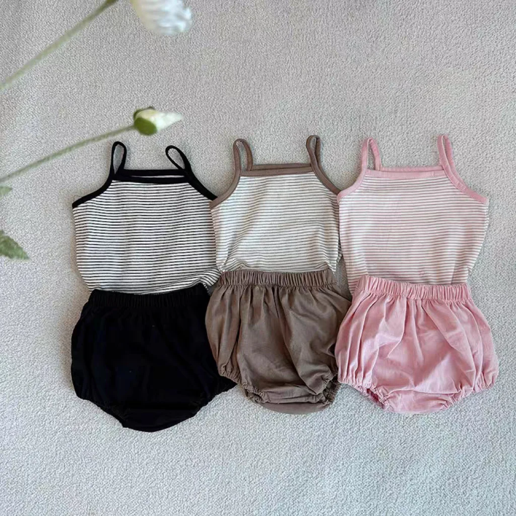 2025 Summer Baby Clothing Sets Infant Striped Camisole Cotton Sling Tops+Shorts 2Pcs Suit Toddler Boys Girls Casual Outfits