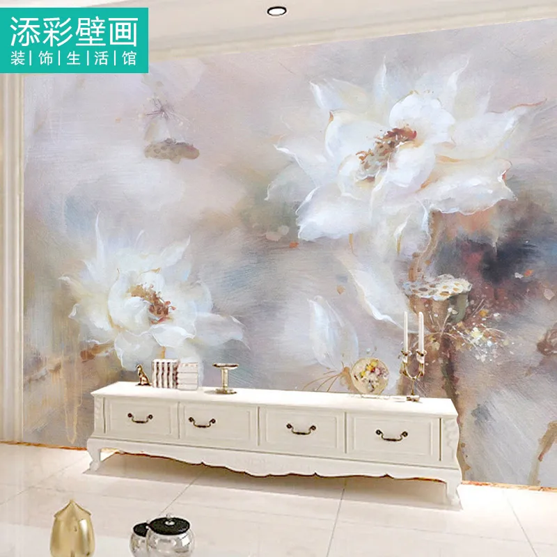 Custom 3D Lotus flower design background wallpaper oil painting rendering entire Living room sofa TV background wall bedroom 8d