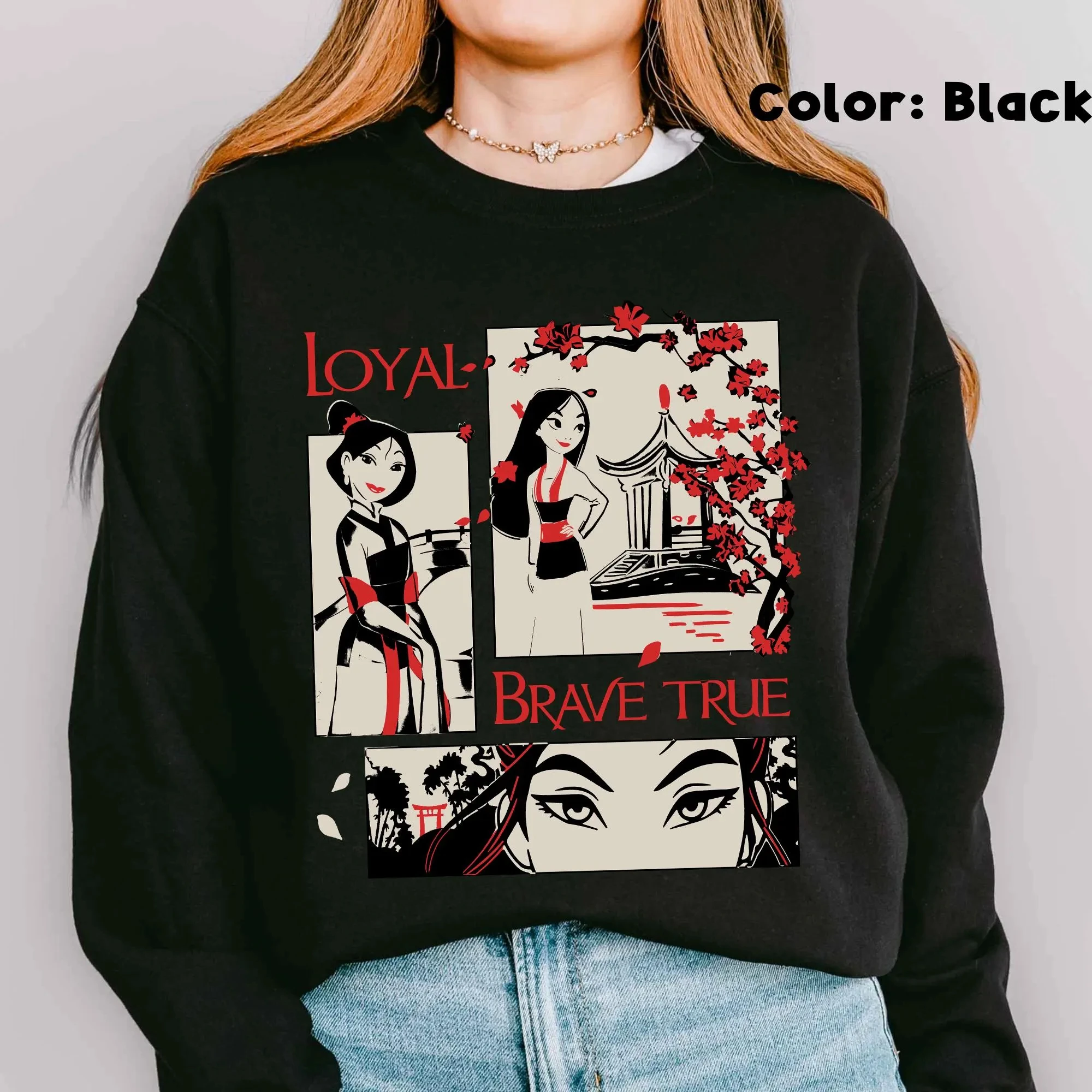 レトロなディズニー ムーラン 忠実で勇敢で誠実なフラワー ムーラン ウォリアー パターン パーカー、ディズニーランドへの家族旅行のためのアジアのプリンセス