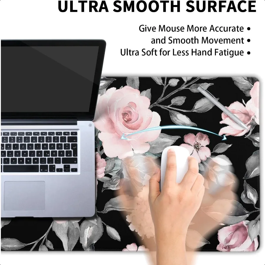 Floral Extended Gaming Mouse Pad NonSlip Rubber Base Black Large Mousepad 31.5x11.8in with Stitched Edge Waterproof Flowers Pad