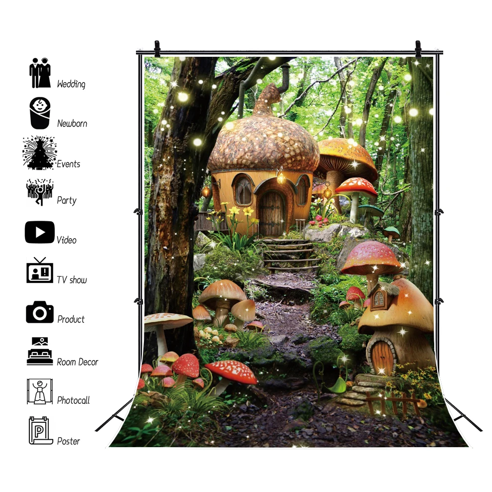 写真、緑、キノコ、素晴らしいランドの背景、ベビーシャワー、誕生日パーティーバナー、写真スタジオの森の背景