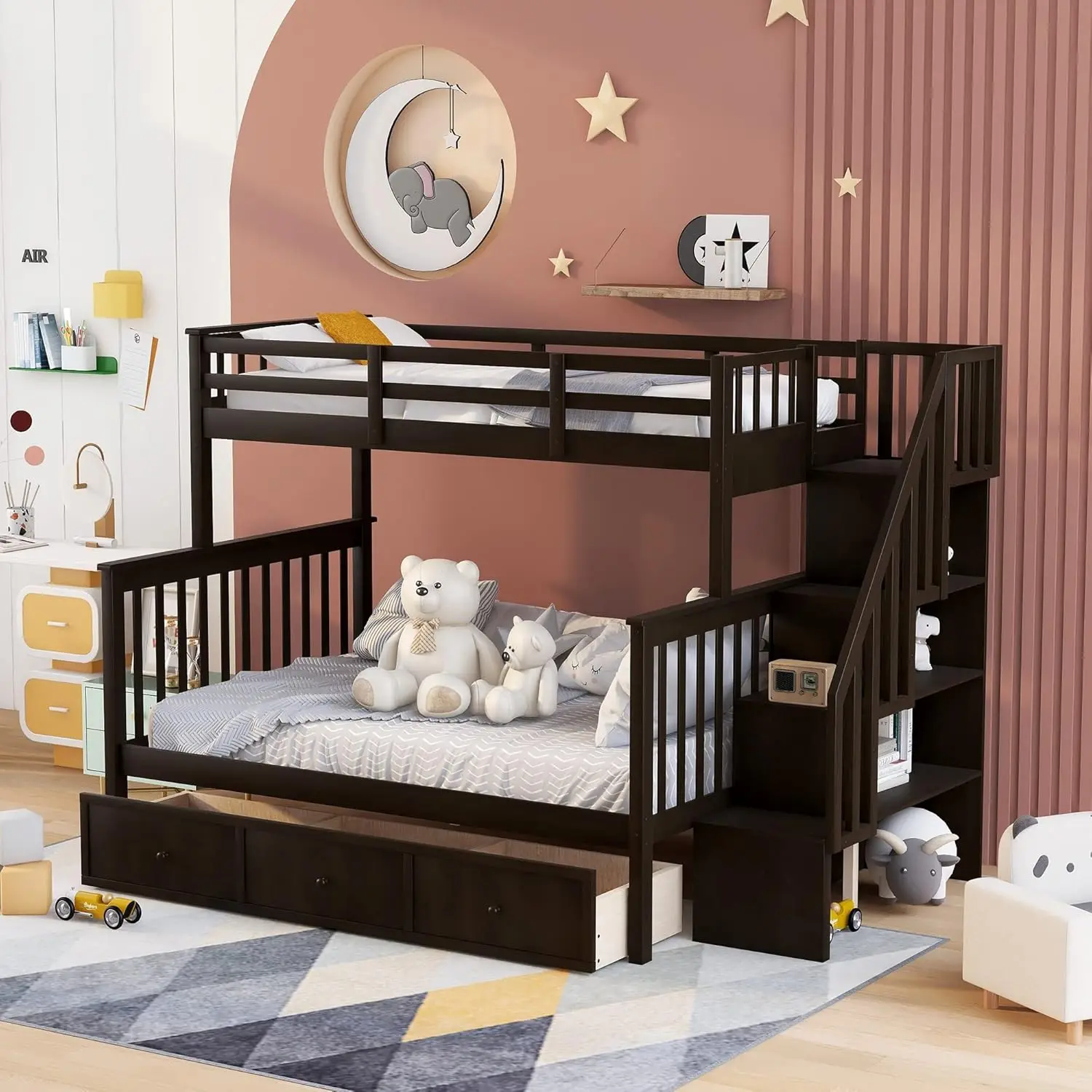 

Harper & Bright Designs Twin Over Full Bunk Beds with Storage Drawers and Stairway Wood Bunk Bed Frame with Stairs for Kids