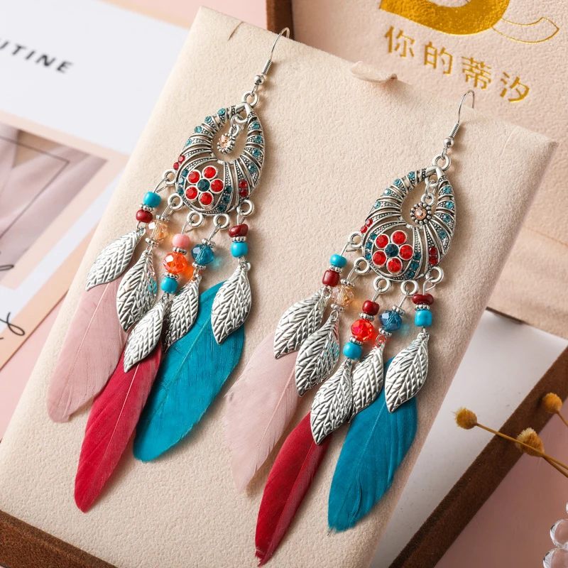 

Vintage Bohemian Natural Feather Long Earrings Fashion Luxury Rhinestone Leaf Water Drop Dangle Earrings for Women Jewelry Gift
