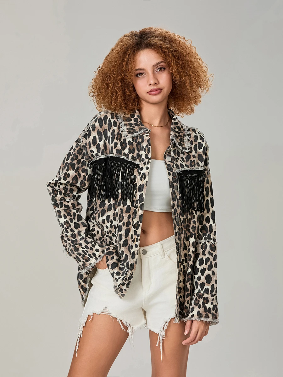 Leopard Print Denim Jacket with Tassel Detail and Turn-Down Collar Long Sleeve Button-Down Coat for Women Stylish Fall