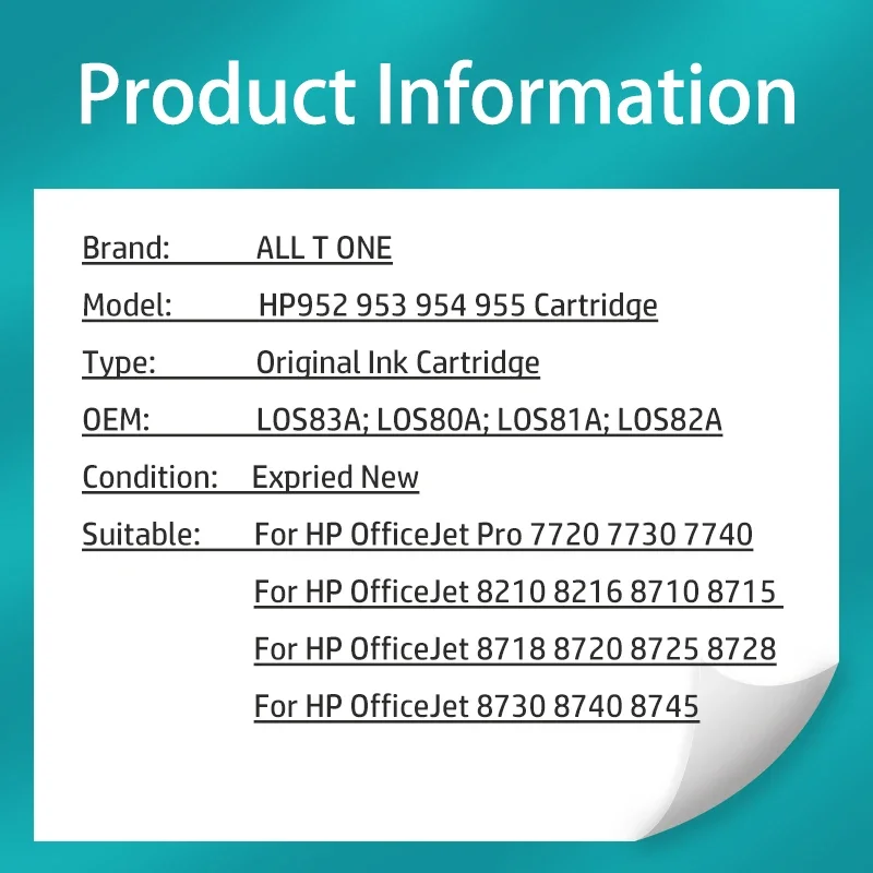 Cartucho de tinta para impressora HP, HP952, 953, 954, 955, 7740, 7720, 7730, 8210, 8218, 8710, 8715, 8718, 8719, 8720, 8728, 8730, 8740