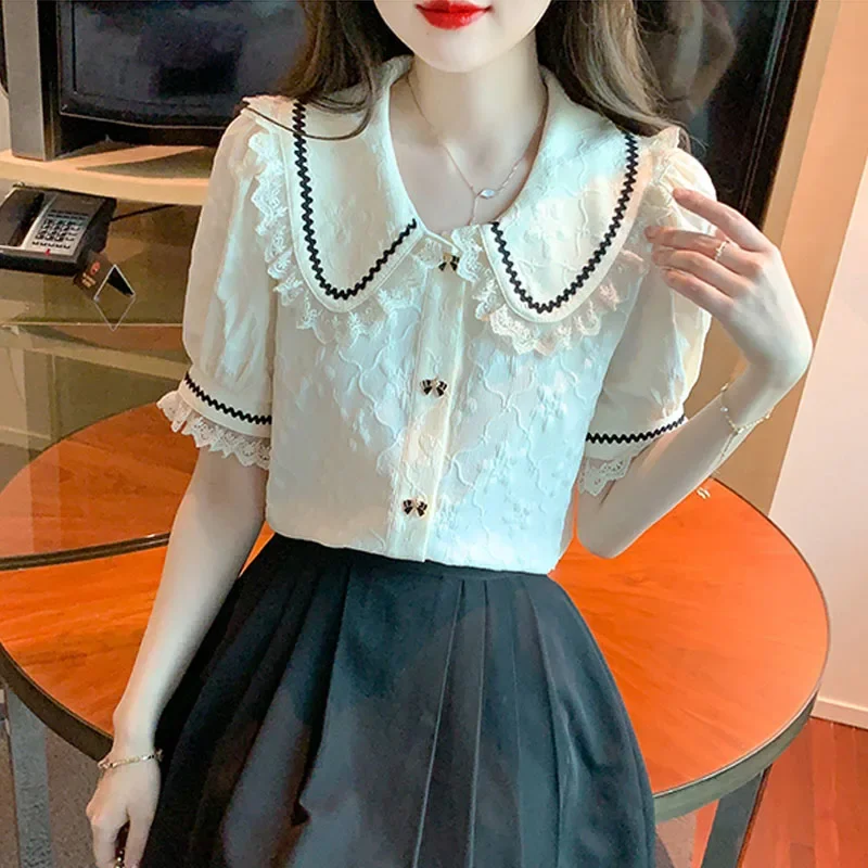 Summer Short Sleeve Doll Collar Women Shirt Office Lady Chiffon Shirt Blouse Women Tops Blusas Mujer De Moda 2024 Verano A278