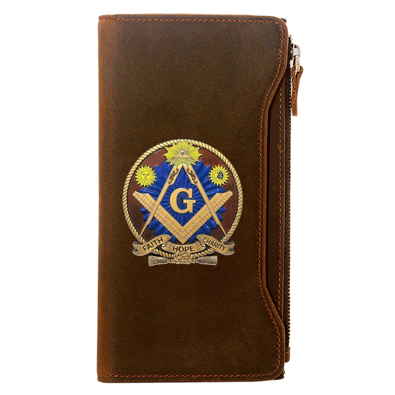 

Masonic Sun Face Faith Hope Charity Printing Long Wallets Zipper Large Capacity Genuine Leather Male Purse Clutch Bag BI1450