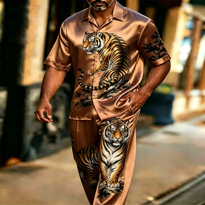 Men's Satin Tiger-Print Two-Piece Set (Short-Sleeve Shirt + Trousers) – Available in 11 Colors – Street-Style Vacation Outfit