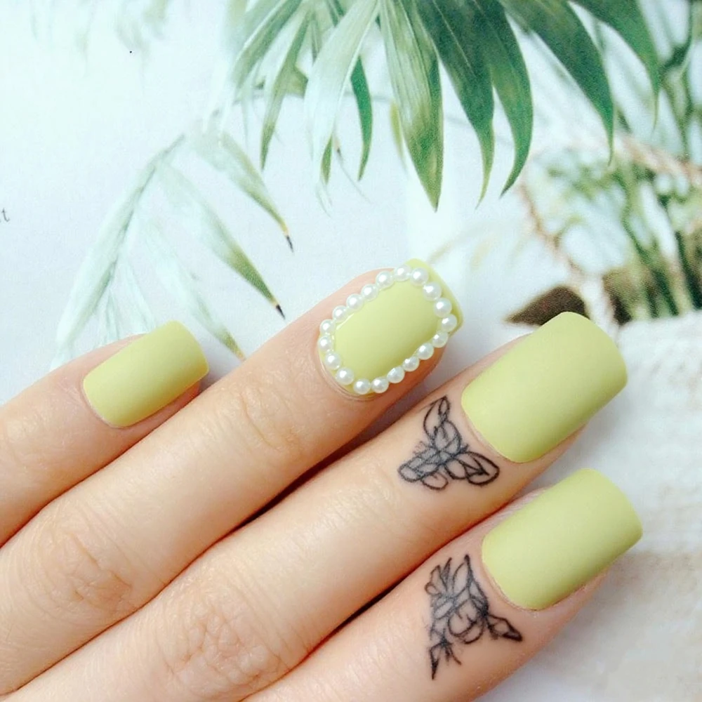 

Matte Green Press On Nails With Glue Sticker Acrylic Pearl Fake Nail Tip DIY French Finger Tips Manicure Accessory